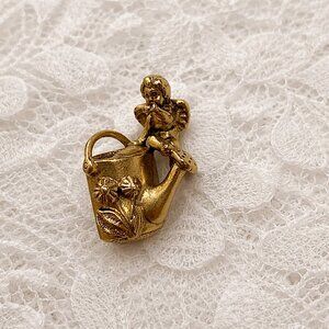 Estate Vintage Signed CAMCO Gold Tone Cherub Watering Can Brooch Pin Made in USA